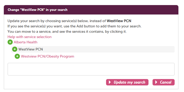 Dialogue box showing all services to be refined in search Dialogue box showing all services to be refined in search