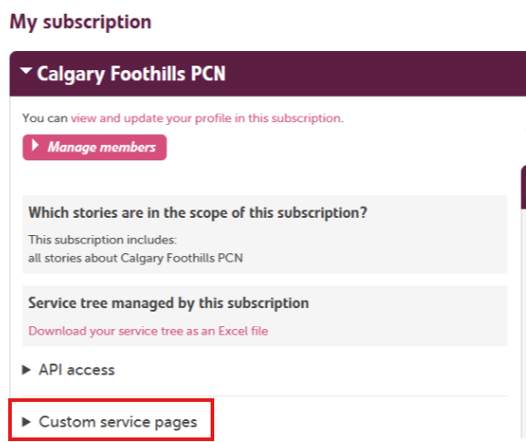 My subscription, custom service panel My subscription, custom service panel